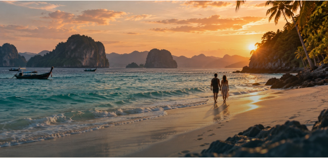 Gemeinsamer Spaziergang am Strand im Sonnenuntergang