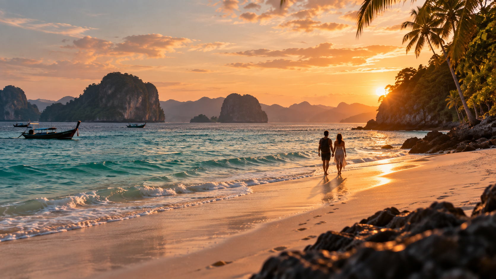 Ein Paar am Strand von Phuket im warmen Licht des Sonnenuntergangs