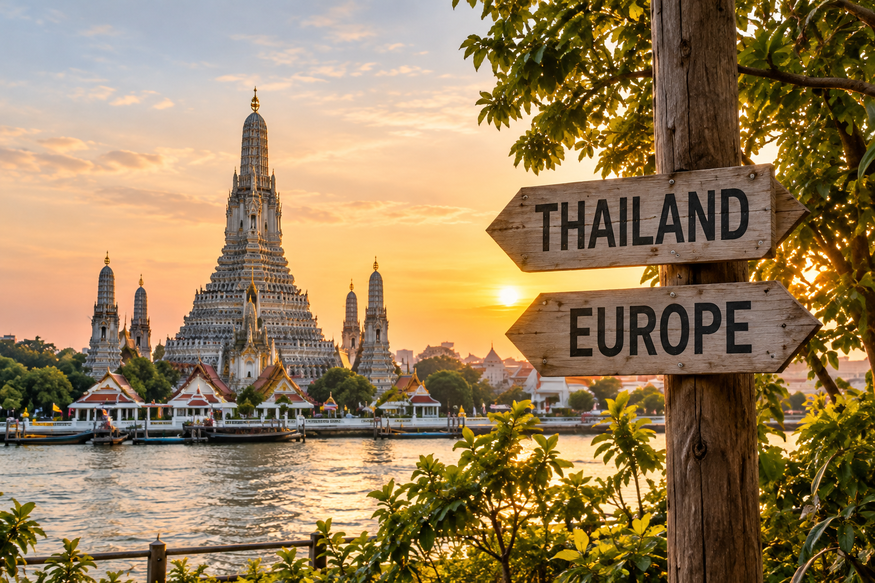 Wegweiser zwischen Thailand und Europa