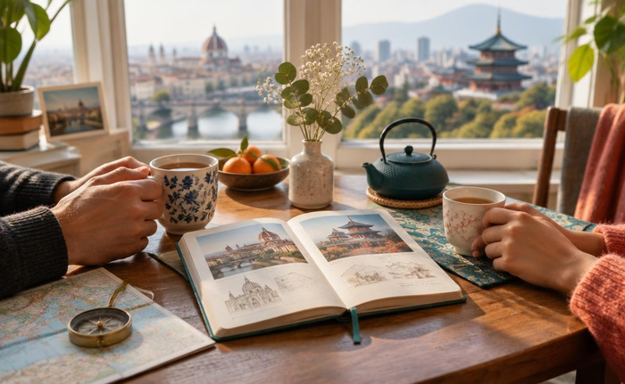 Gemeinsame Mahlzeit mit einem aufgeschlagenen Reisebuch auf dem Tisch