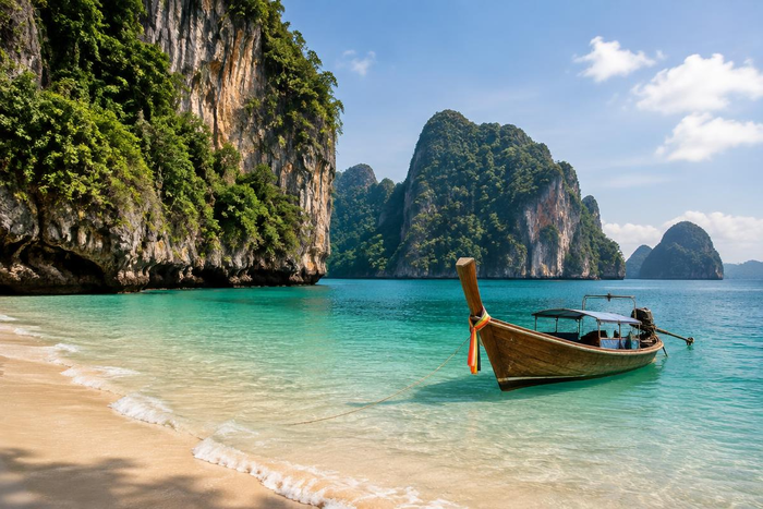 Ein Longtailboot vor der grünen Küste Thailands